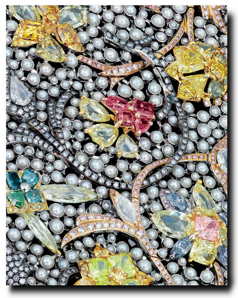 A close-up of a decorative design featuring an arrangement of exceptional gemstones and pearls in floral patterns, showcasing cross-cultural influences, from Boghossian by Assouline.