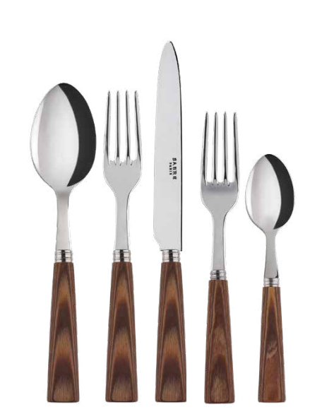 A table setting featuring the Sabre Nature Natural 5 Piece Flatware Set by Sabre: a spoon, two forks, a knife, and a small spoon. Handles are brown with wood grain and metal accents. Imported from Paris, this dishwasher safe cutlery blends style with convenience.