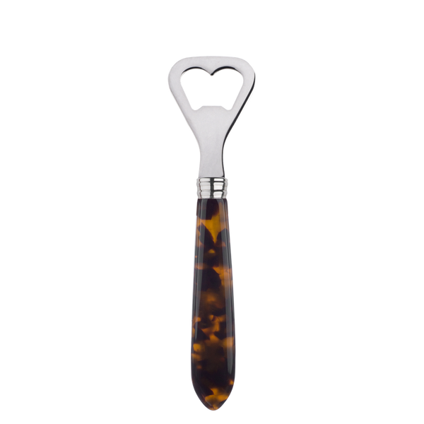 Introducing the Sabre Tortoise Bottle Opener by Sabre, featuring an exquisite tortoiseshell-patterned acrylic handle. This model combines elegance and functionality in a sleek design.