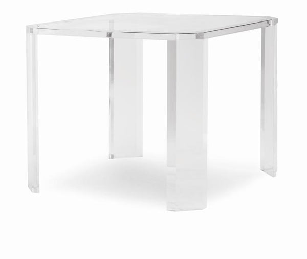 A clear, square, acrylic table with four straight legs and a minimalist design, measuring 36x36. The Acrylic Game Table by Highland House is displayed on a plain white background.