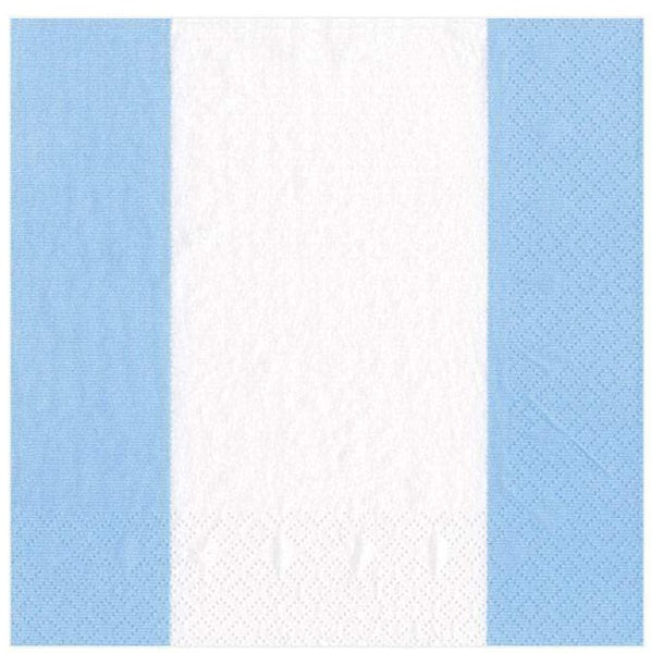 A Caspari Bandol Stripe Light Blue cocktail napkin on a white background.