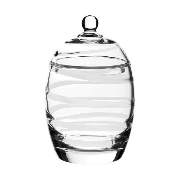 A William Yeoward Crystal Bella Bianca Cookie Jar with a lid on a white background.