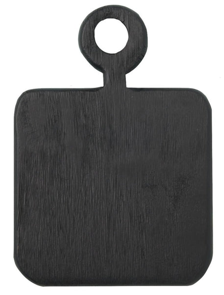 A Be Home Black Mango Wood Micro Board crafted from Black Mango Wood, with a handle at the top and a circular hole for hanging, exemplifies fine handcrafted design.