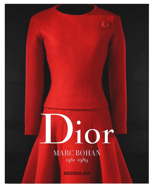 Cover of a book titled "Dior III by Marc Bohan," published by Assouline, featuring a haute couture red dress. The design includes a fitted top with button detail and a flowing skirt, capturing the fashion treasures of the era.