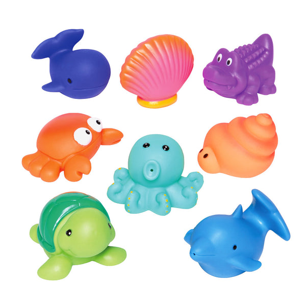 The Elegant Baby "Elegant Party Sea Party Bath Toys" collection includes a vibrant assortment of colorful baby water toys, featuring a whale, shell, crocodile, crab, octopus, snail, turtle, and dolphin.