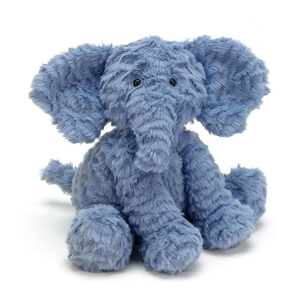 Jellycat Fuddlewuddle blue elephant stuffed animal, sits on a white background.