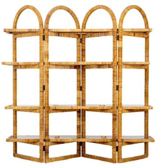 A multi-tiered, arched wooden shelf with a natural finish, the Florida-Style Rattan Etagere by HIVE Home, Gift and Garden features four sections and multiple open shelves, perfect for storage or display in a Palm Beach coastal style.