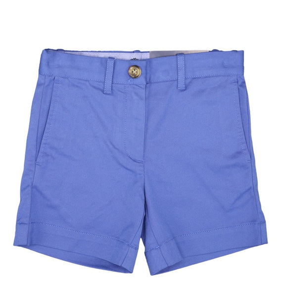 A pair of blue Brown Bowen & Co. Sweetgrass Shorts from Brown Bowen & Company featuring a single button and zipper closure, two front pockets, and belt loops, crafted with Chilled Cotton® for all-day comfort and Wrinkle-Free technology to keep you looking sharp.