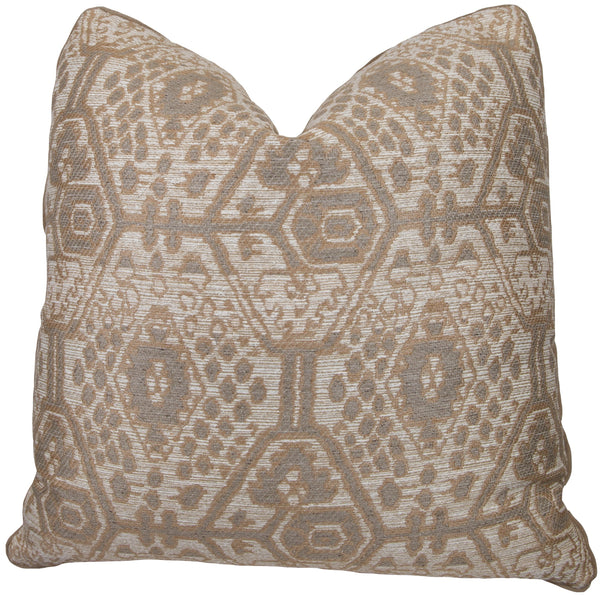 A square throw pillow with a geometric pattern in beige and gray tones, featuring a contrast cord. This down-filled pillow is also handmade in the USA, ensuring top-notch quality and comfort for any space. The Lippi Beige Pillow by Associated Design is the perfect addition to your home decor.