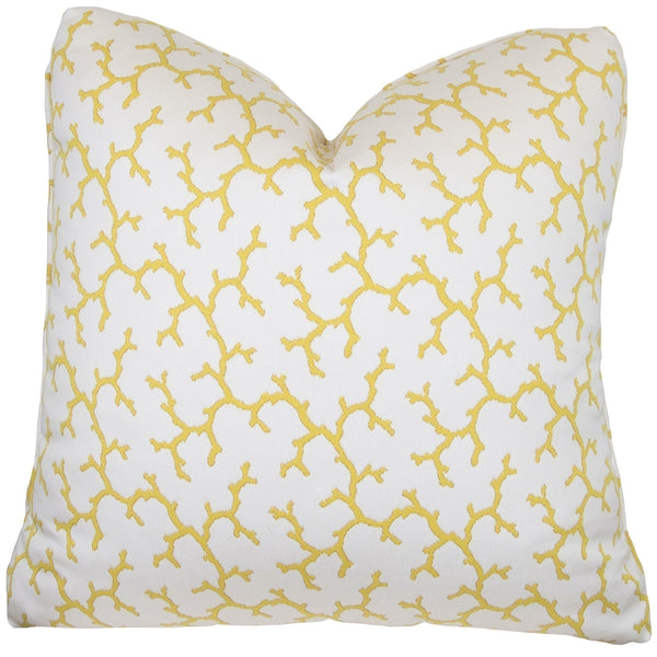 The Corail Jaune Outdoor Pillow by Associated Design features a delicate pattern of yellow branching lines and is expertly handmade in the USA.