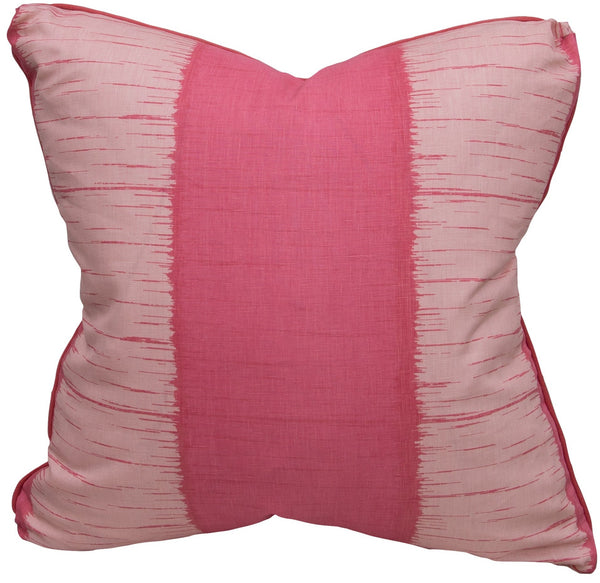 The Ikat Stripe Pink Pillow from Associated Design is a handmade, down-filled pillow from the USA, featuring a central wide pink stripe flanked by light pink sections with irregular pink lines.