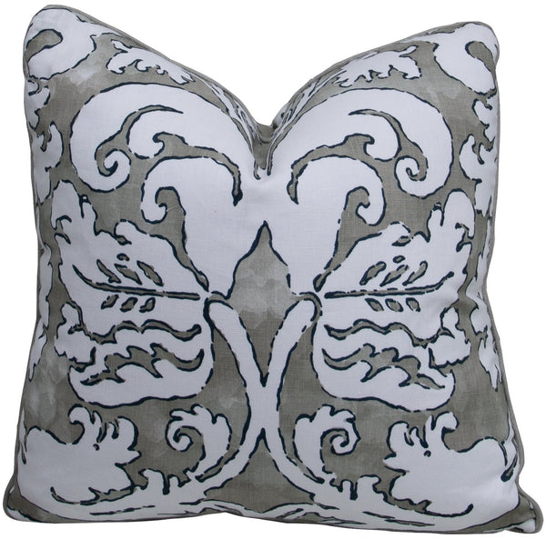 A double-sided, down-filled pillow, the Ellsworth Stone Pillow by Associated Design features a white and gray intricate floral pattern on its cover. Handmade in the USA, it is both stylish and luxurious.