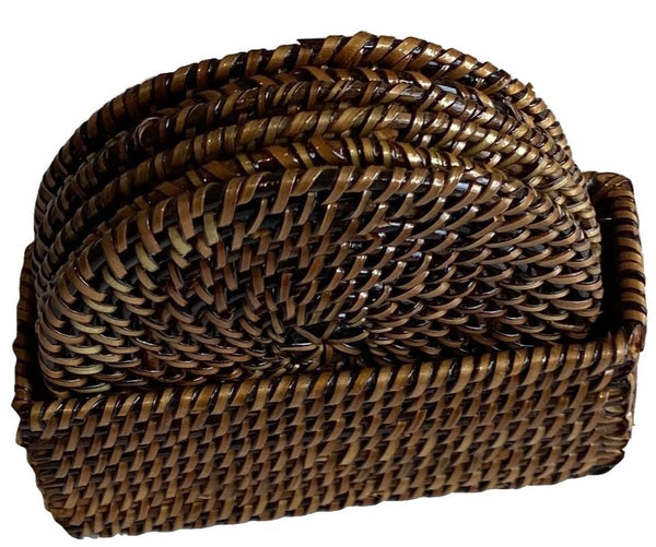 Calaisio's Round Rattan Coaster in Case, Set of 6, featuring a dark brown interlacing pattern crafted by South Pacific artisans.