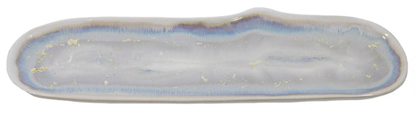 A long, narrow ceramic AE Ceramics Large Razor Clam in Pearl plate with a smooth, glossy finish and marbled blue, white, and gold design.