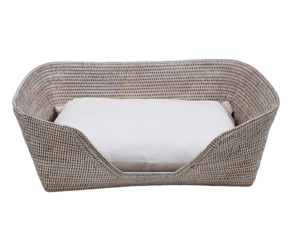 dog bed with cushion, white washed