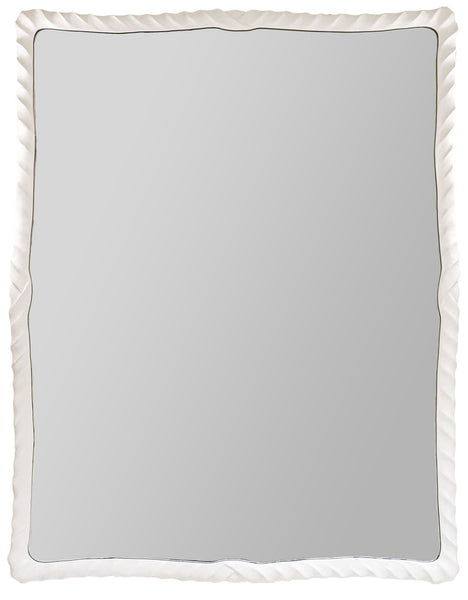 A square mirror with a white, wavy frame and a reflective surface exudes Carver's Guild's elegant simplicity, embodying the charm of an Ebb & Flow Mirror.