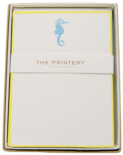 Printery Seahorse note card box set in a box featuring Pacific Blue Seahorse design.