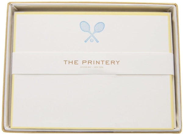 The Printery - Note Card Box Set, Tennis Racquets in Ness Blue - The pantry note card set featuring delicate gold borders on bright white horizontal cards. Perfect for all your pantry organization needs.