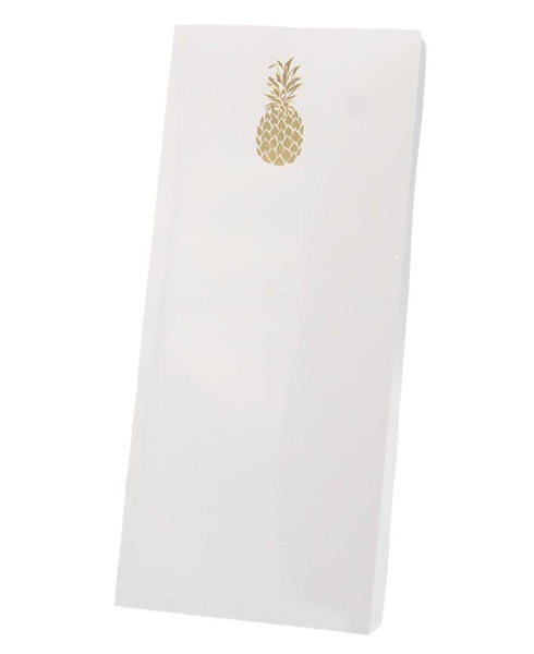 The Black Ink Skinny Notepad, Pineapple showcases a luxurious gold pineapple design on top of smooth white cardstock, merging elegance with practicality.