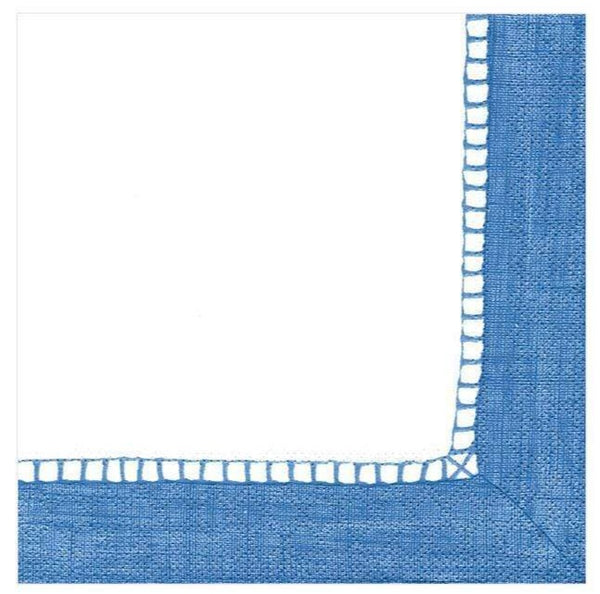 A Caspari Linen Border Blue Cocktail Napkin, available in 5" x 5" cocktail napkins.