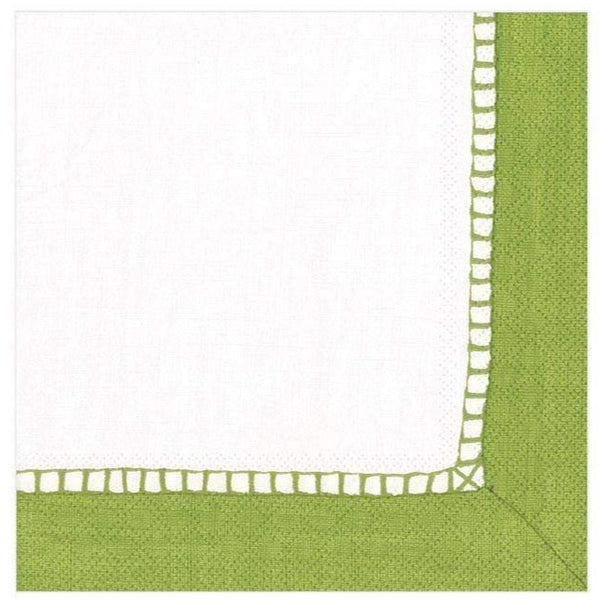 A Caspari Linen Border Bright Green, Cocktail Napkin with white trim.