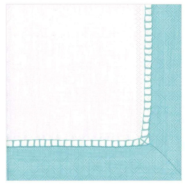 A Caspari Linen Border Robin's Egg Blue, Cocktail Napkin with white trim.