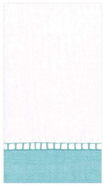 A Caspari Linen Border Robin's Egg Blue guest towel napkin with turquoise trim.