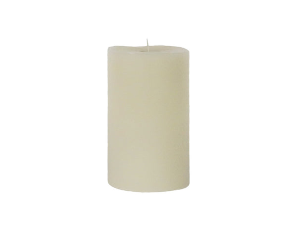 A plain, off-white, cylindrical Moving Flame Pillar LED Candle from Napa Home & Garden, standing upright against a white background and featuring a convenient 5-hour timer.