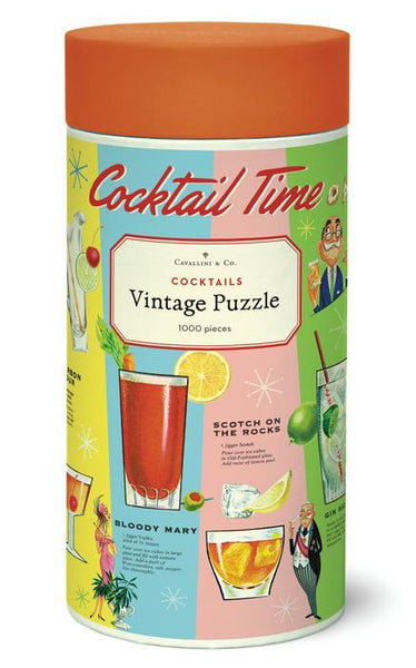 A Cavallini & Co. Cocktails 1,000 Piece Puzzle from the Cavallini Papers and Co brand, featuring vibrant illustrations of cocktails like Bloody Mary and Scotch on the Rocks, is packaged in a cylindrical box.