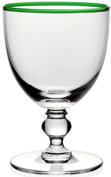 Introducing the William Yeoward Crystal Siena Water Glass, Green by William Yeoward Crystal: a handmade glass featuring a rounded bowl, a decorative stem, and a green-rimmed circular base.