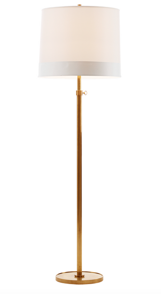 A Simple Floor Lamp, Soft Brass with a white shade, featuring soft brass accents and an E26 dimmer for adjustable lighting. Overall dimensions offer a perfect fit for any space.