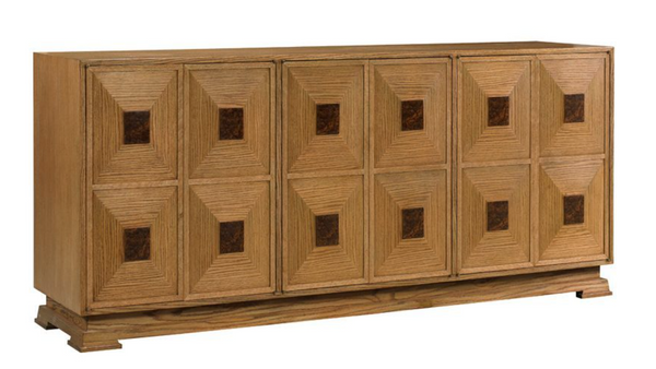 The Letitia Buffet by Sherrill/Mr & Mrs Howard with a geometric square pattern on its front doors is finished in a luxurious burl walnut veneer and rests on a rectangular base.