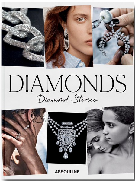 Cover of the book "Diamonds: Diamond Stories" by Assouline featuring luxurious images of natural diamond jewelry and models wearing them, showcasing the finest creations from renowned jewelry houses.