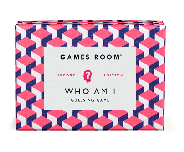 A boxed guessing game titled "Guessing Game, Who Am I?" from Chronicle Books. The box features a geometric pink, white, and blue pattern. Dive into the fun with mystery characters and question cards that keep everyone guessing!