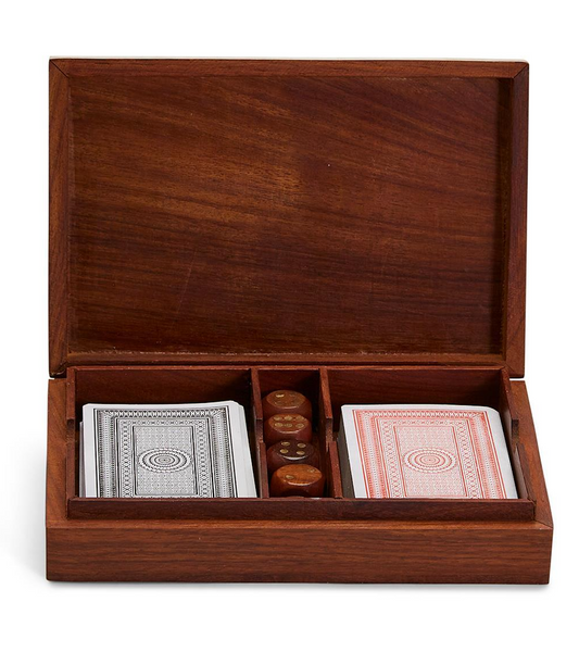 A Two's Company wooden box with brass inlays, containing the Acacia Wood Crafted Playing Cards and Dice Game Set.