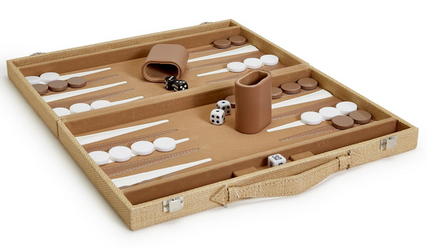 A Terra Cane Backgammon Game Set from Two's Company, featuring vegan leather pieces, ready for gameplay.