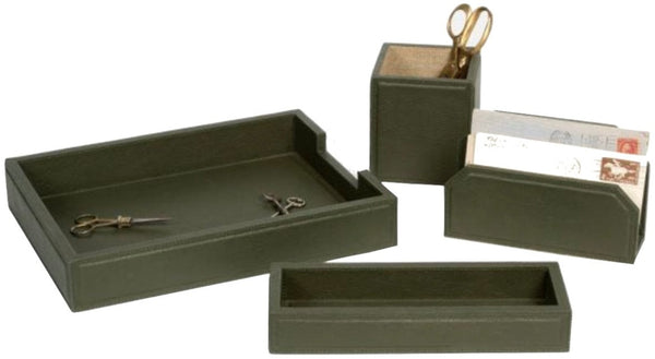 The Pigeon & Poodle Asby Accessory Set by Pigeon & Poodle is an elegant collection of green desk organizers made from full-grain leather. This set includes a letter tray, pen holder, envelope holder with letters, and a small box complete with scissors.