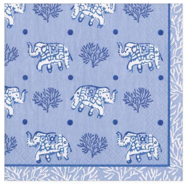 A {Caspari Batik Elephants Blue} napkin featuring elephants; eco-friendly.