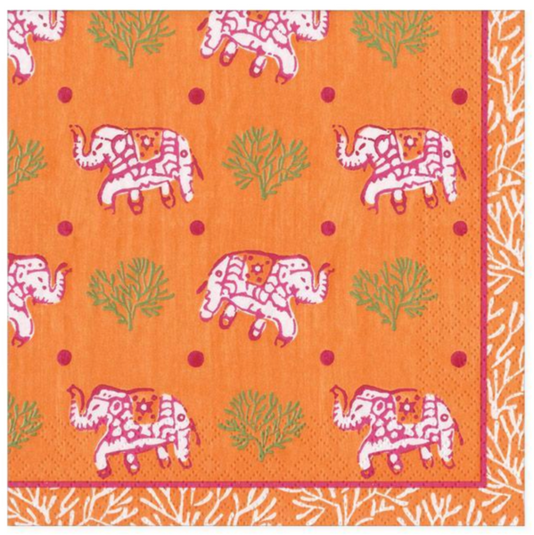 This is a durable, patterned Caspari Batik Elephants Orange textile featuring a repeated motif of pink elephants and green foliage on an orange background, with a detailed border design.