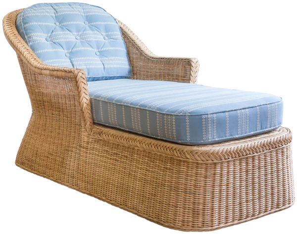 The Chatham Chaise by Mainly Baskets Home features a blue and white patterned cushion on both the seat and backrest, with dimensions of 32.5"W x 64.5"D x 34"H.