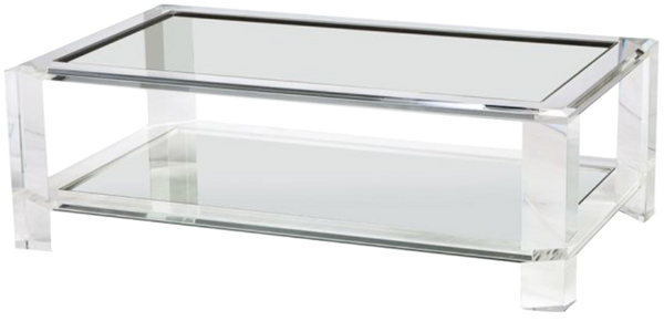 The Surrey Acrylic Rectangular Cocktail Table by Interlude Home features a sleek, transparent glass top, measuring 30 inches, with a lower shelf and clear acrylic legs.