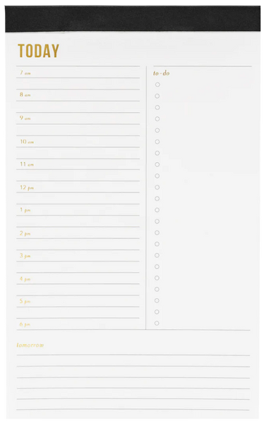 Sugar Paper Day Pad, Black daily planner with hourly schedule, checkboxes, and to-do list.