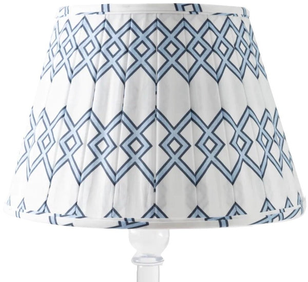 Sorella Glenn Lattice Shade in Blue with a geometric blue pattern on a clear base, featuring a box pleat design for a preppy look.