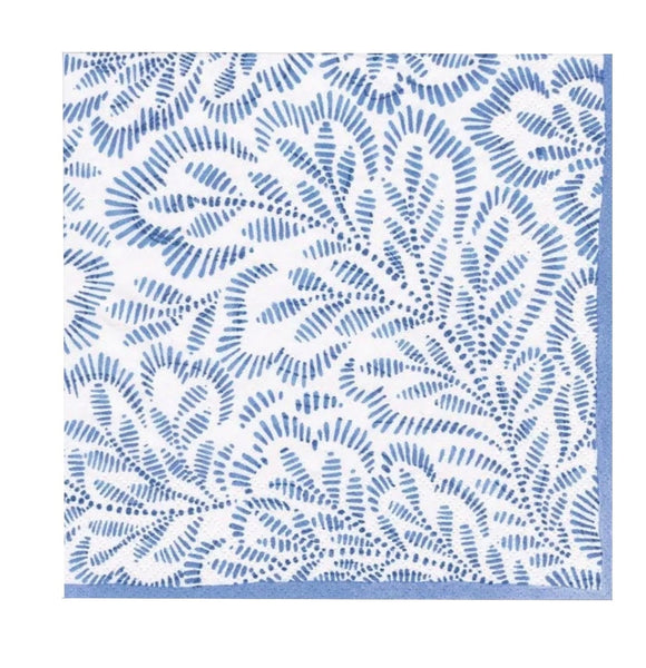 Caspari Block Print Leaves Blue, Cocktail Napkin