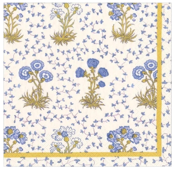 A Caspari Semis de Fleurs Blue cocktail napkin with floral design, made in Germany using water-soluble dyes.