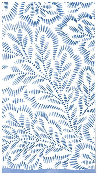 White and blue abstract pattern with fern-like motifs on Caspari Block Print Leaves Blue Guest Towel Napkins.