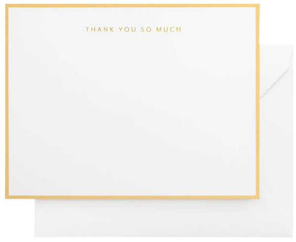 The Sugar Paper "Thank You So Much" Card Set, from the renowned brand Sugar Paper, includes a white thank-you card adorned with gold trim and the phrase "THANK YOU SO MUCH" at the top, elegantly paired with a white envelope. This sophisticated Thank You Boxed Note Set features timeless letterpress printed details.