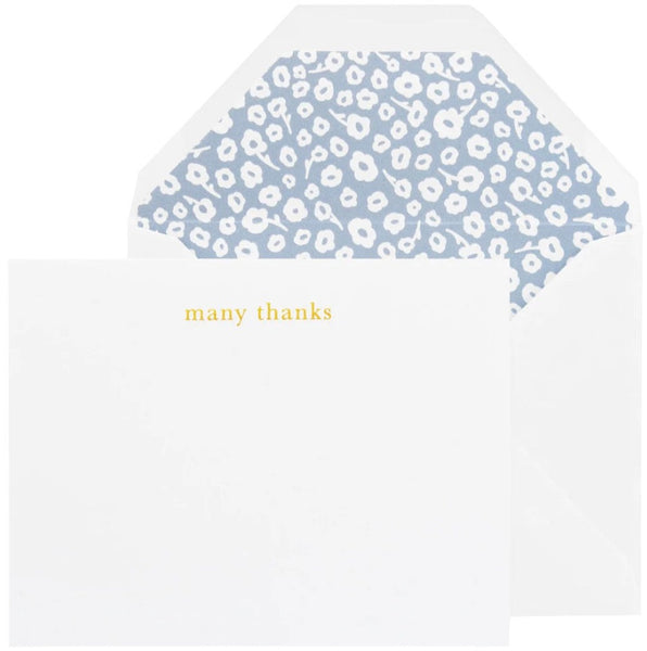 Introducing the Sugar Paper Floral "Many Thanks" Card Set by Sugar Paper, which includes a boxed thank-you note adorned with "many thanks" in gold text and paired with an envelope showcasing a blue and white floral interior pattern—all meticulously letterpress printed.