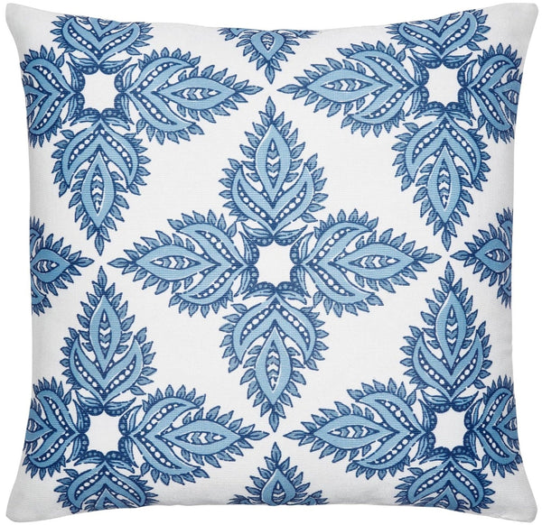 The John Robshaw Maira Indigo Outdoor Pillow by John Robshaw features a white background with an ornate blue leaf pattern arranged in symmetrical clusters. This rain and sun resistant pillow is perfect for enhancing your patio décor.