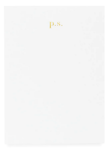 A hallmark of Sugar Paper designs, the Sugar Paper White "P.S." Mini Pad features a plain sheet of crisp white paper with the letters "p.s." printed in small gold font at the top center.